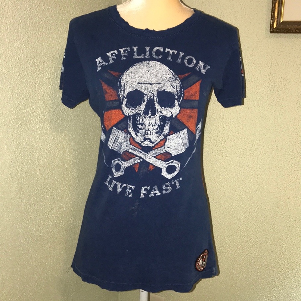 Affliction Live Fast Blue Distressed Tee Large